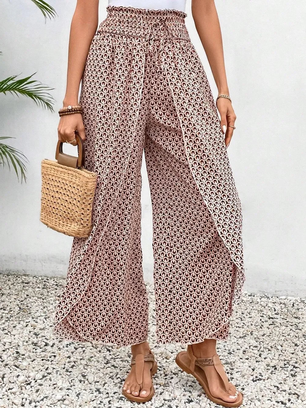 Floral Print Tie-Waist Wide Leg Pants With Front Slit Detail - Southern Shores Clothing