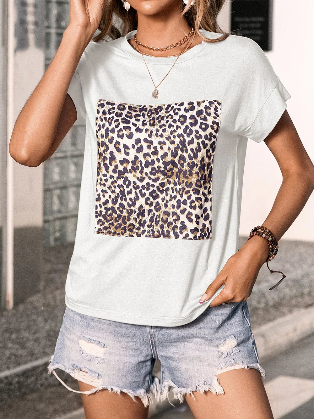 Leopard Graphic Round Neck Tee Short Sleeve With Stretch - Southern Shores Clothing