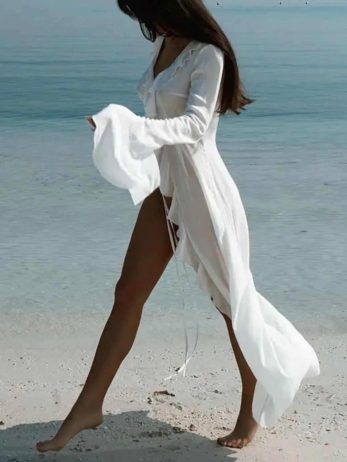 Ruffled Long Sleeve Beach Coverup Dress - Southern Shores Clothing
