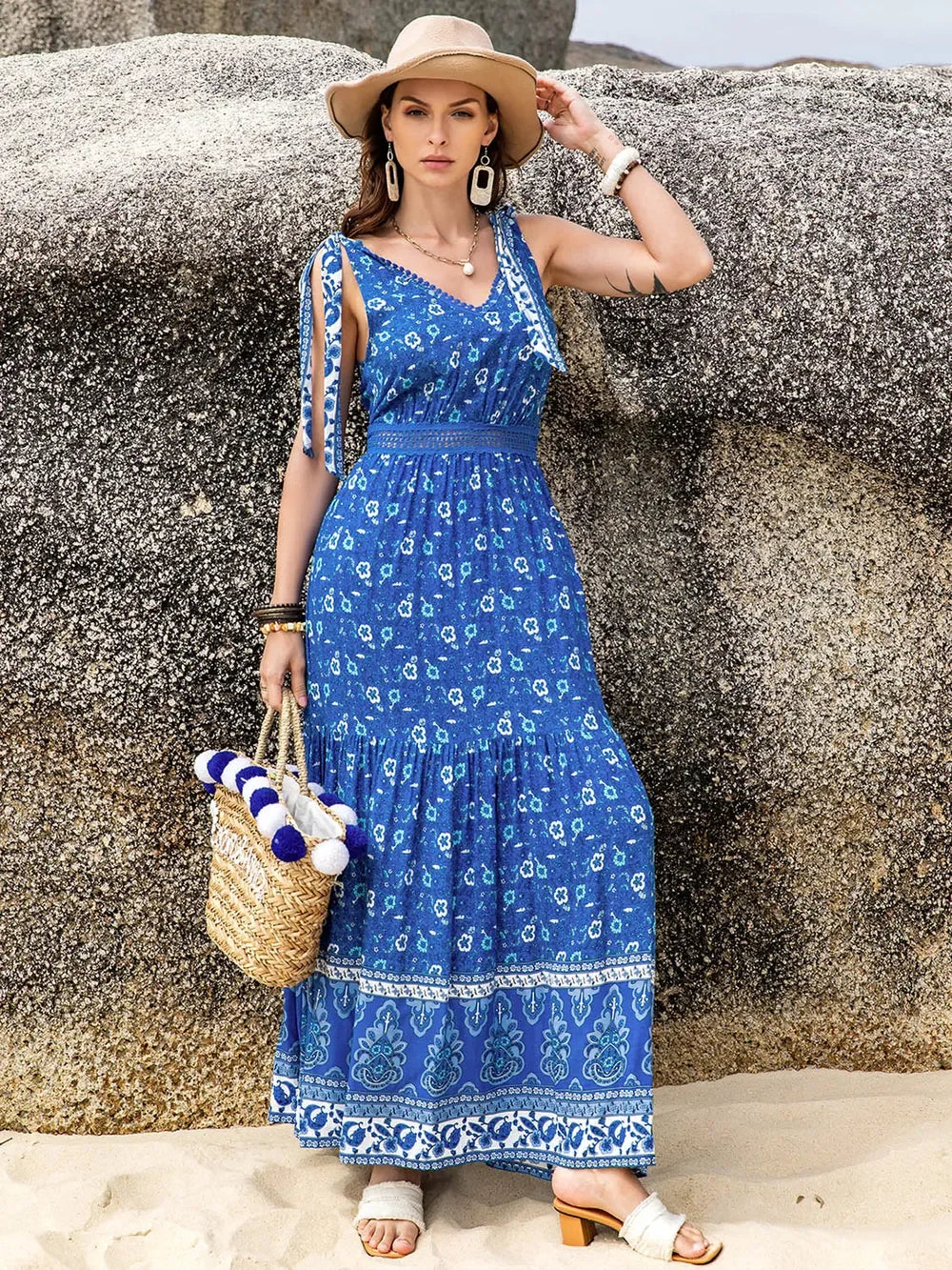 Printed V-Neck Tie Shoulder Maxi Dress With Floral Pattern - Southern Shores Clothing