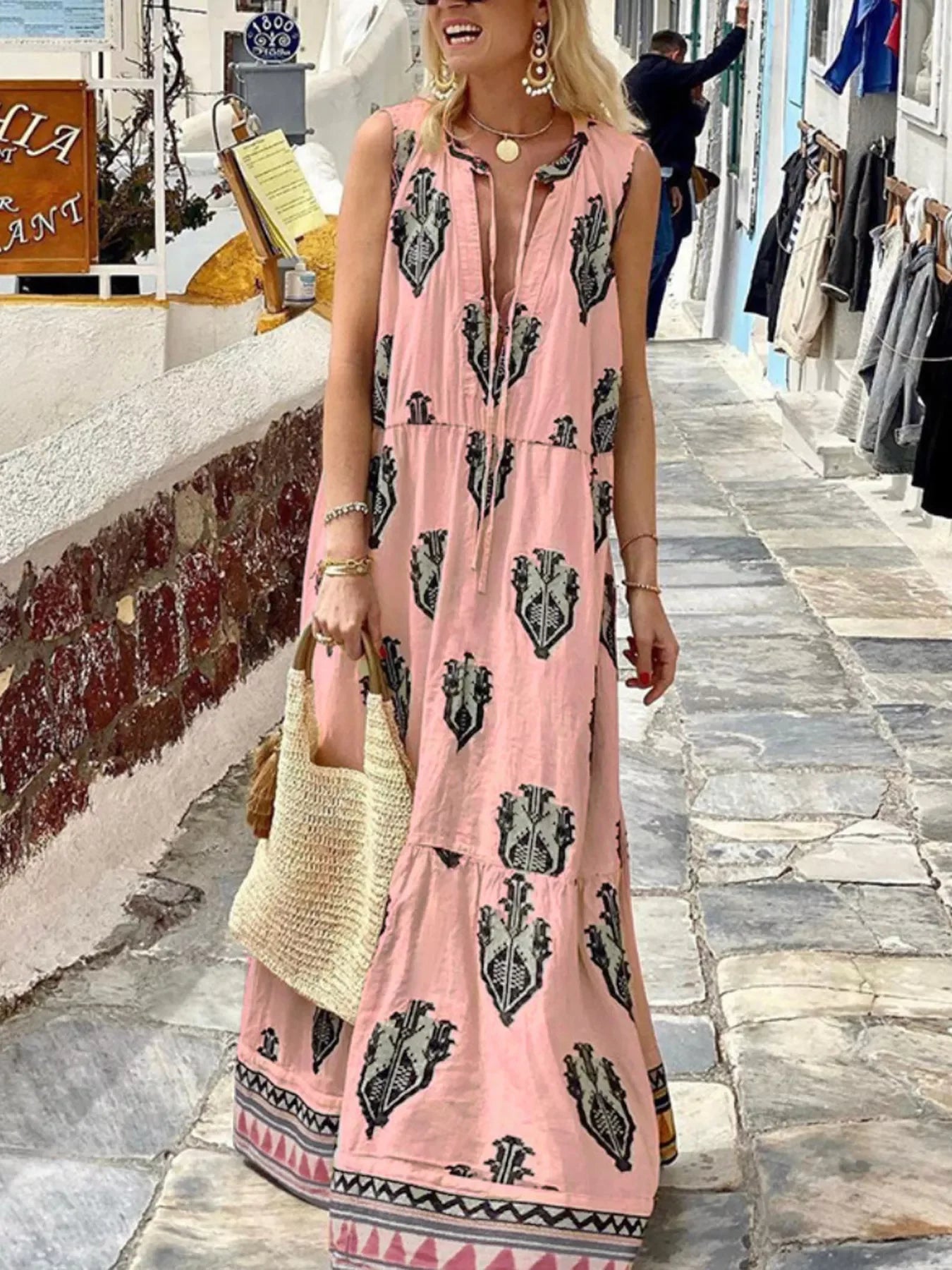 Printed Sleeveless Maxi Dress With Tiered Skirt - Southern Shores Clothing