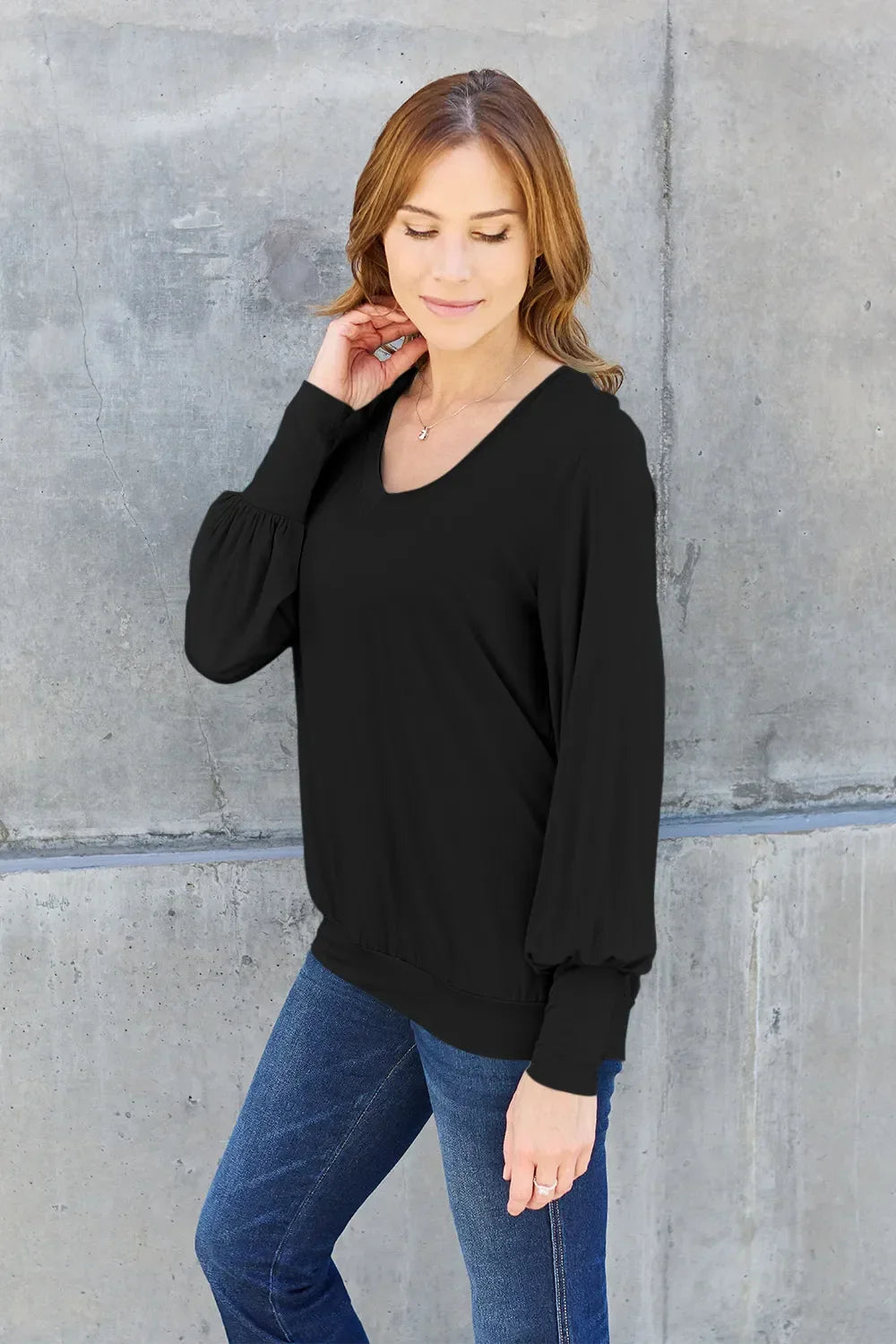 V Neck Lantern Sleeve Top Lightweight Stretch - Southern Shores Clothing