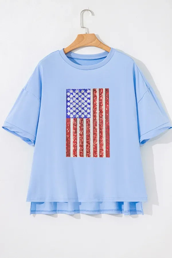 Sequined American Flag Dropped Shoulder T Shirt - Southern Shores Clothing