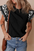 Round Neck Printed Ruffled Sheer Cap Sleeve Blouse Lightweight - Southern Shores Clothing