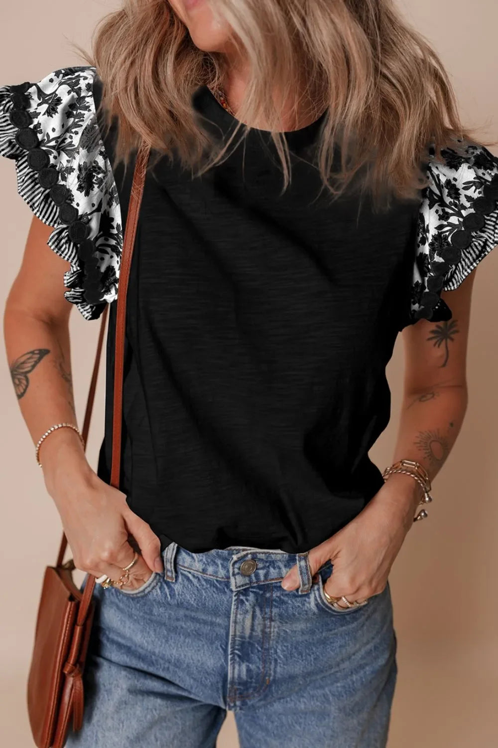 Round Neck Printed Ruffled Sheer Cap Sleeve Blouse Lightweight - Southern Shores Clothing