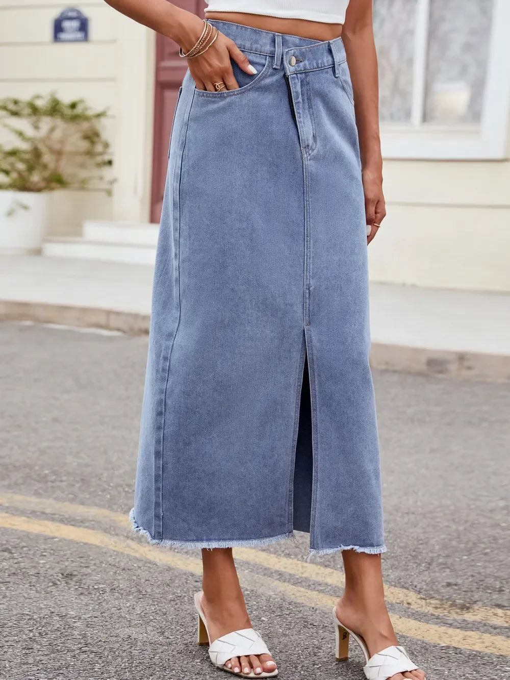 Slit Asymmetrical Waist Denim Skirt With Stretch - Southern Shores Clothing