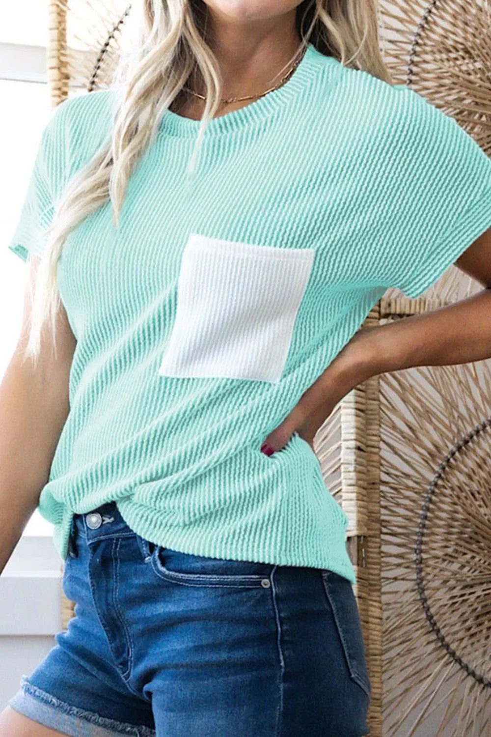 Corded Knit Pocketed Crew Neck T Shirt, Casual - Southern Shores Clothing