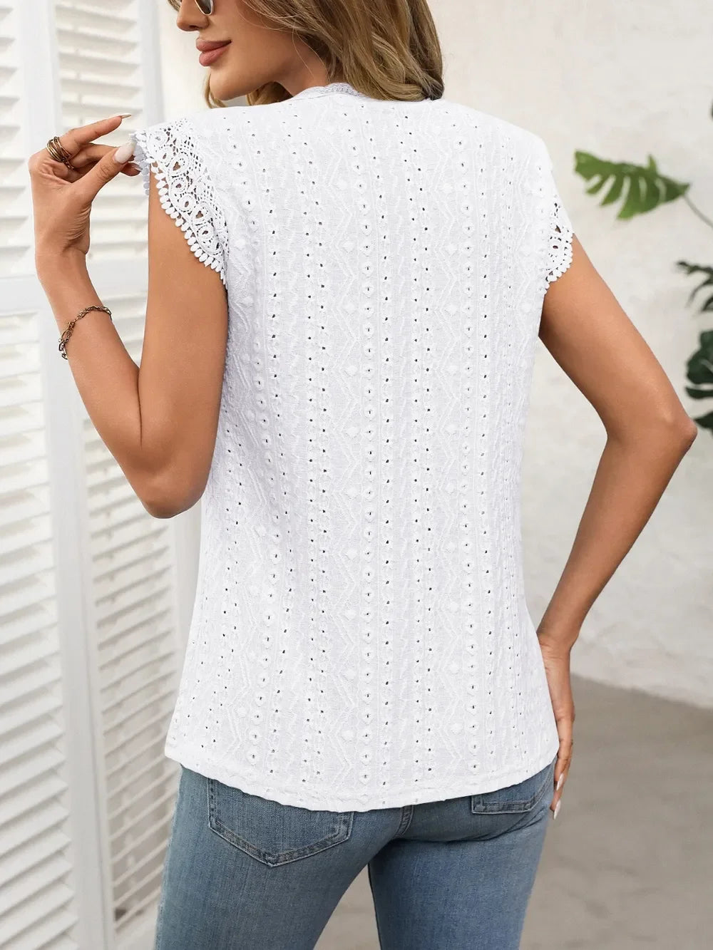 Lace Detail Eyelet Round Neck Cap Sleeve Top - Southern Shores Clothing