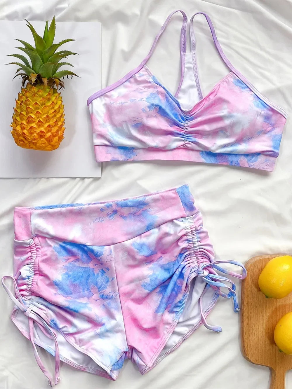 Tie-Dye Spaghetti Strap Top And Drawstring Shorts Swim Set - Southern Shores Clothing