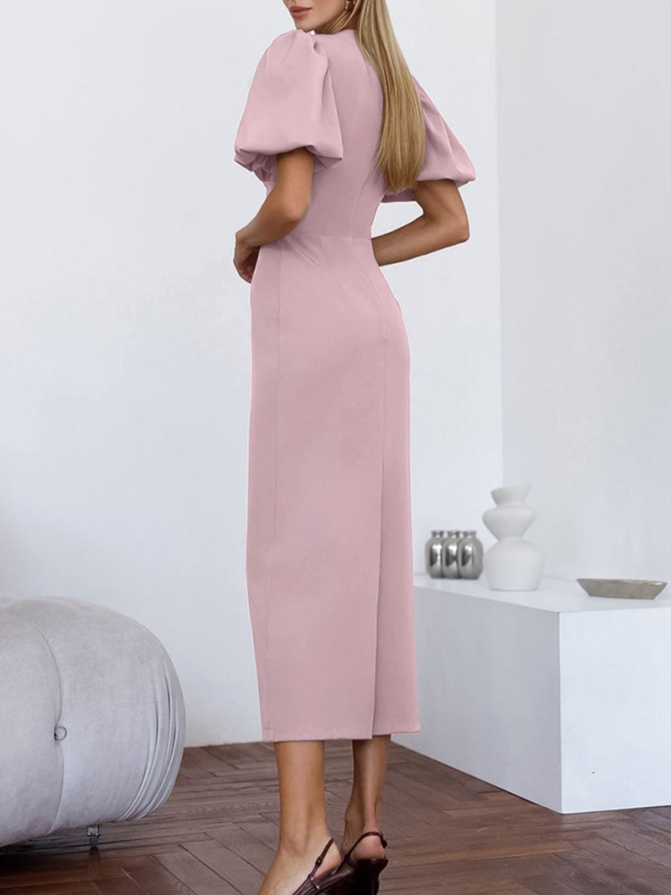 Elegant Cutout Front Puff Sleeve Dress For Formal Occasions