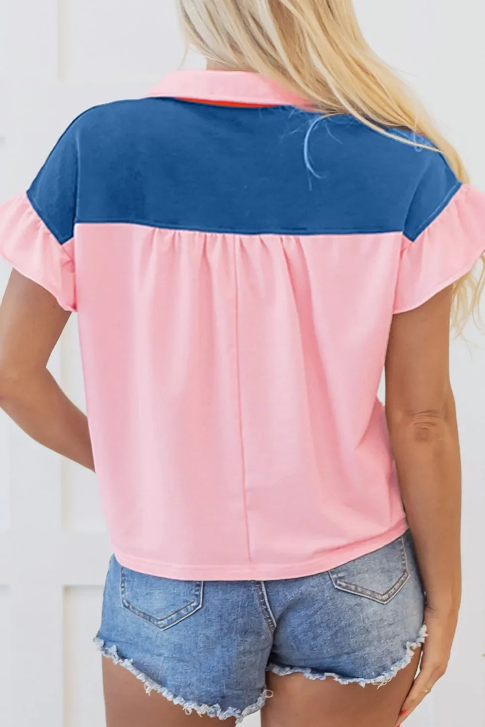 Color Block Half Buttoned Ruffled Short Sleeve Tee - Southern Shores Clothing