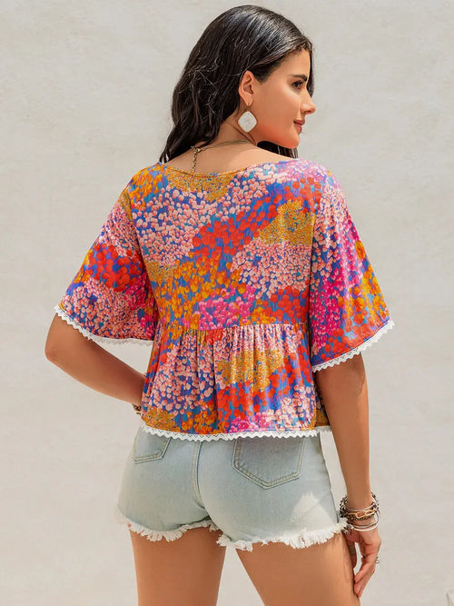 Floral Print Ruched Half Sleeve Blouse With Scalloped Lace Trim - Southern Shores Clothing