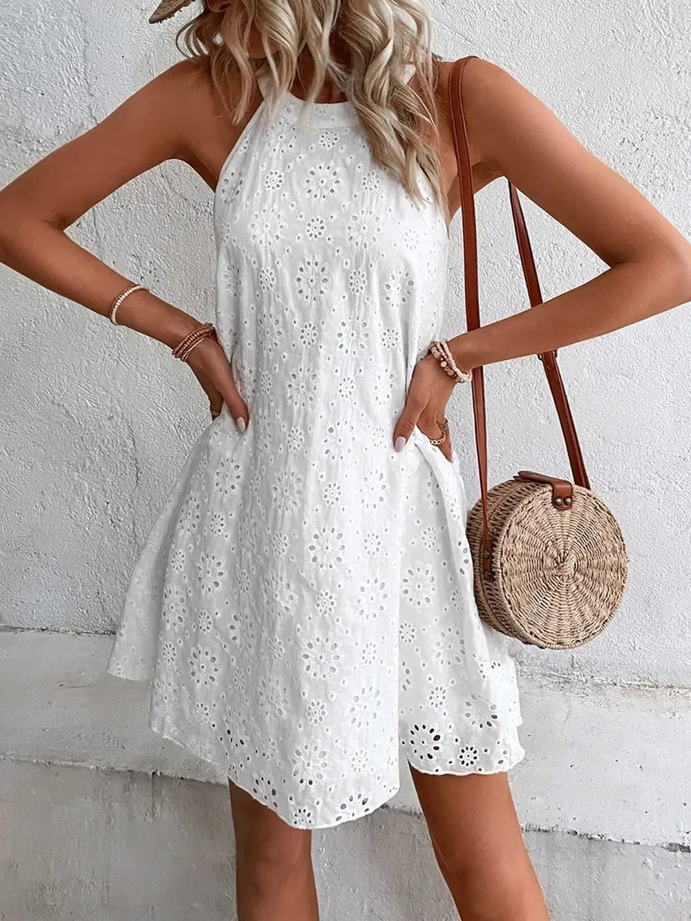 Eyelet Grecian Neck Mini Dress Coastal Style - Southern Shores Clothing