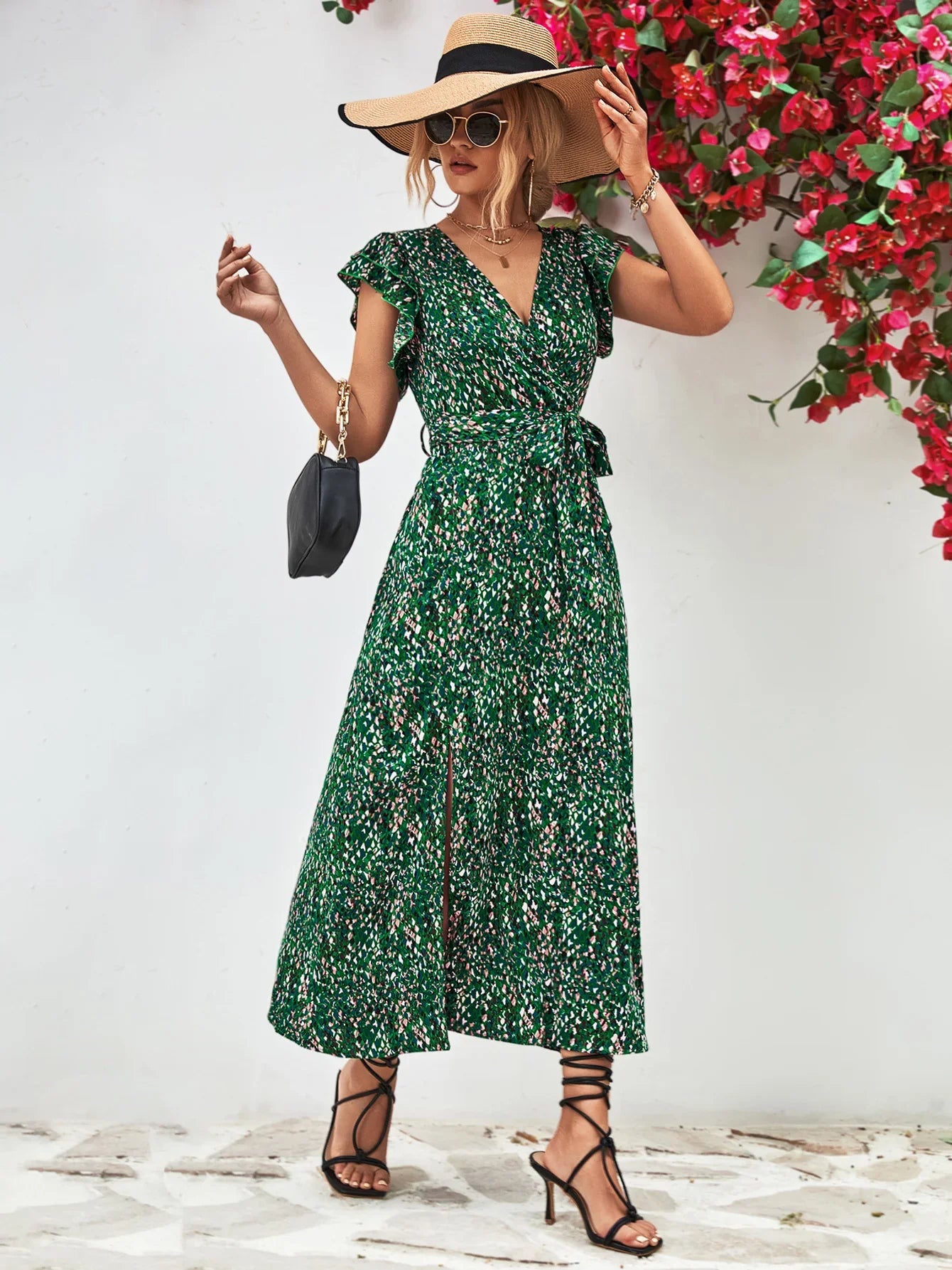 Printed Surplice Neck Flutter Sleeve Slit Dress - Southern Shores Clothing