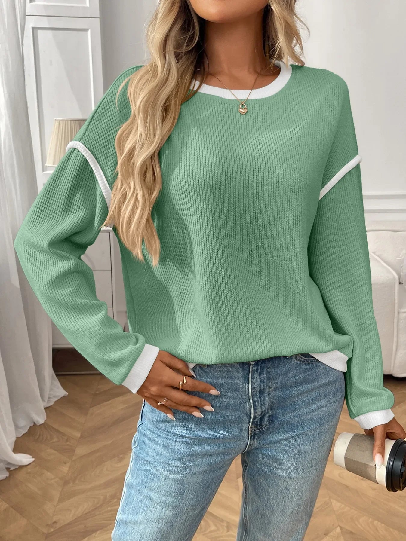 Ribbed Contrast Trim Long Sleeve Top - Southern Shores Clothing