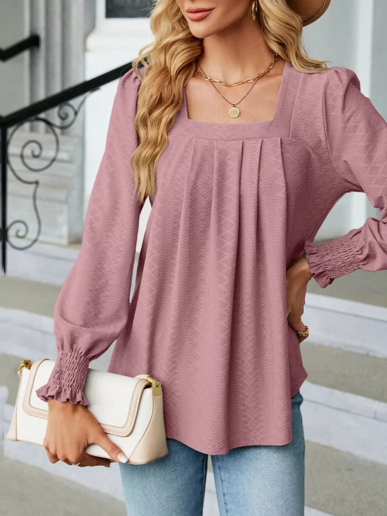 Pleated Square Neck Long Sleeve Top - Southern Shores Clothing