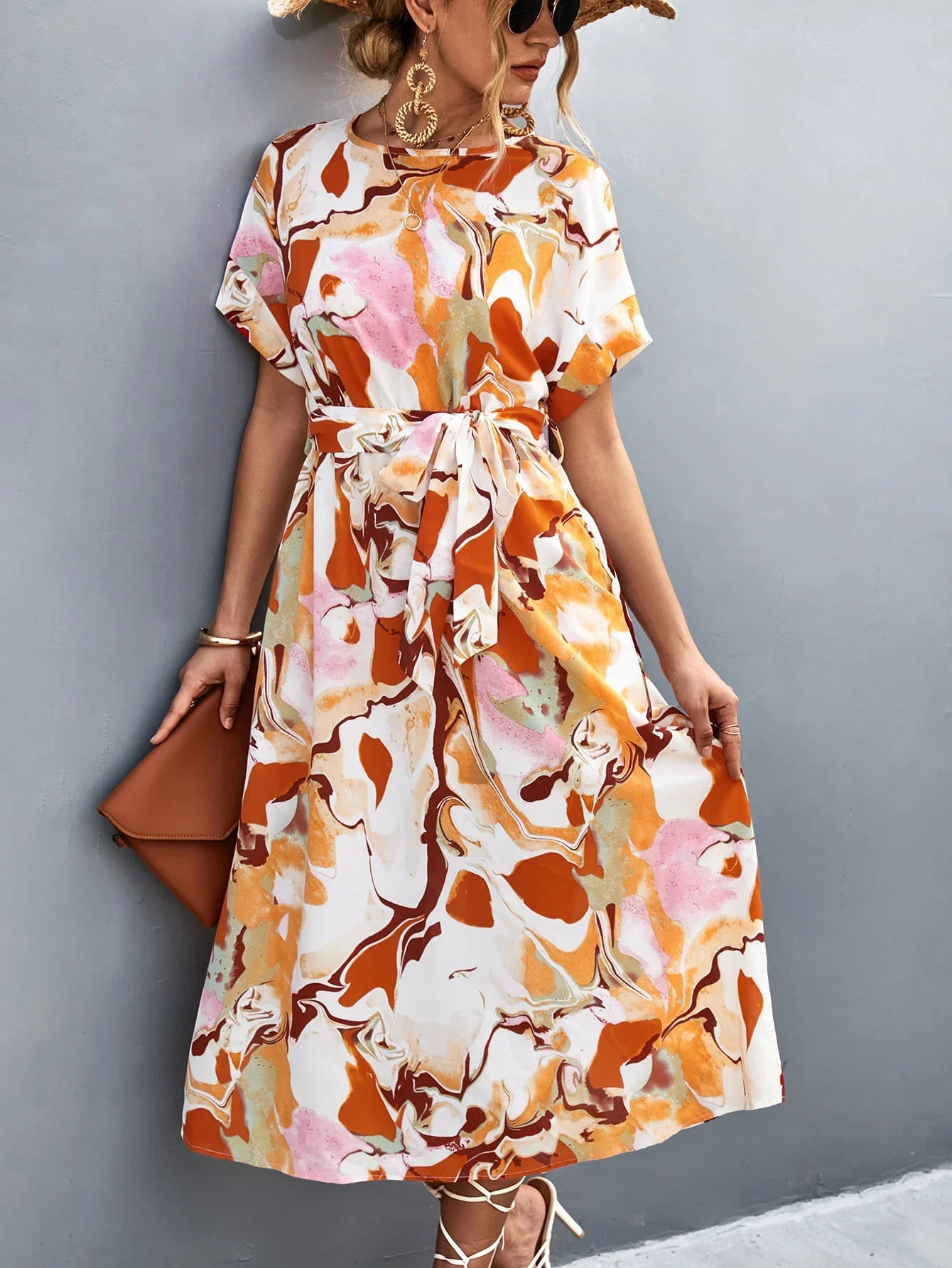 Round Neck Short Sleeve Tie Waist Midi Dress - Southern Shores Clothing