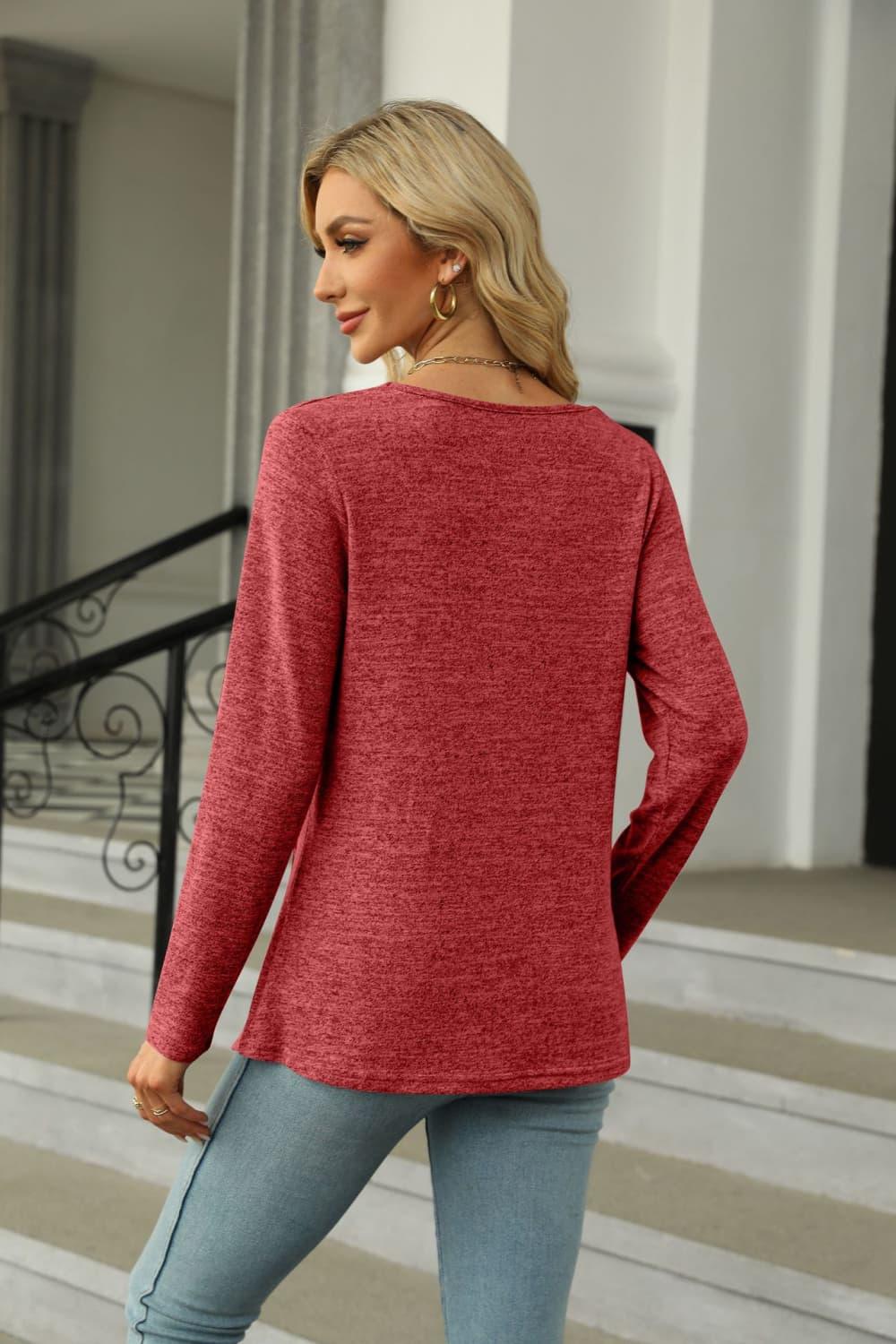 Square Neck Long Sleeve Slit Stretchy T Shirt - Southern Shores Clothing