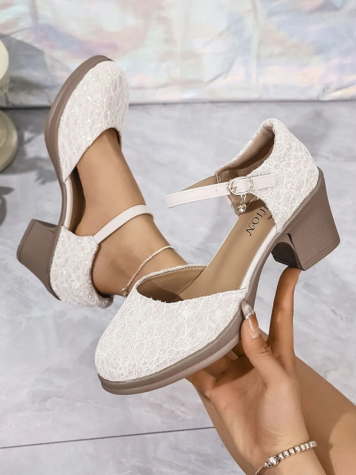 Round Toe Block Heels Pumps With Sequins Linen Mesh - Southern Shores Clothing
