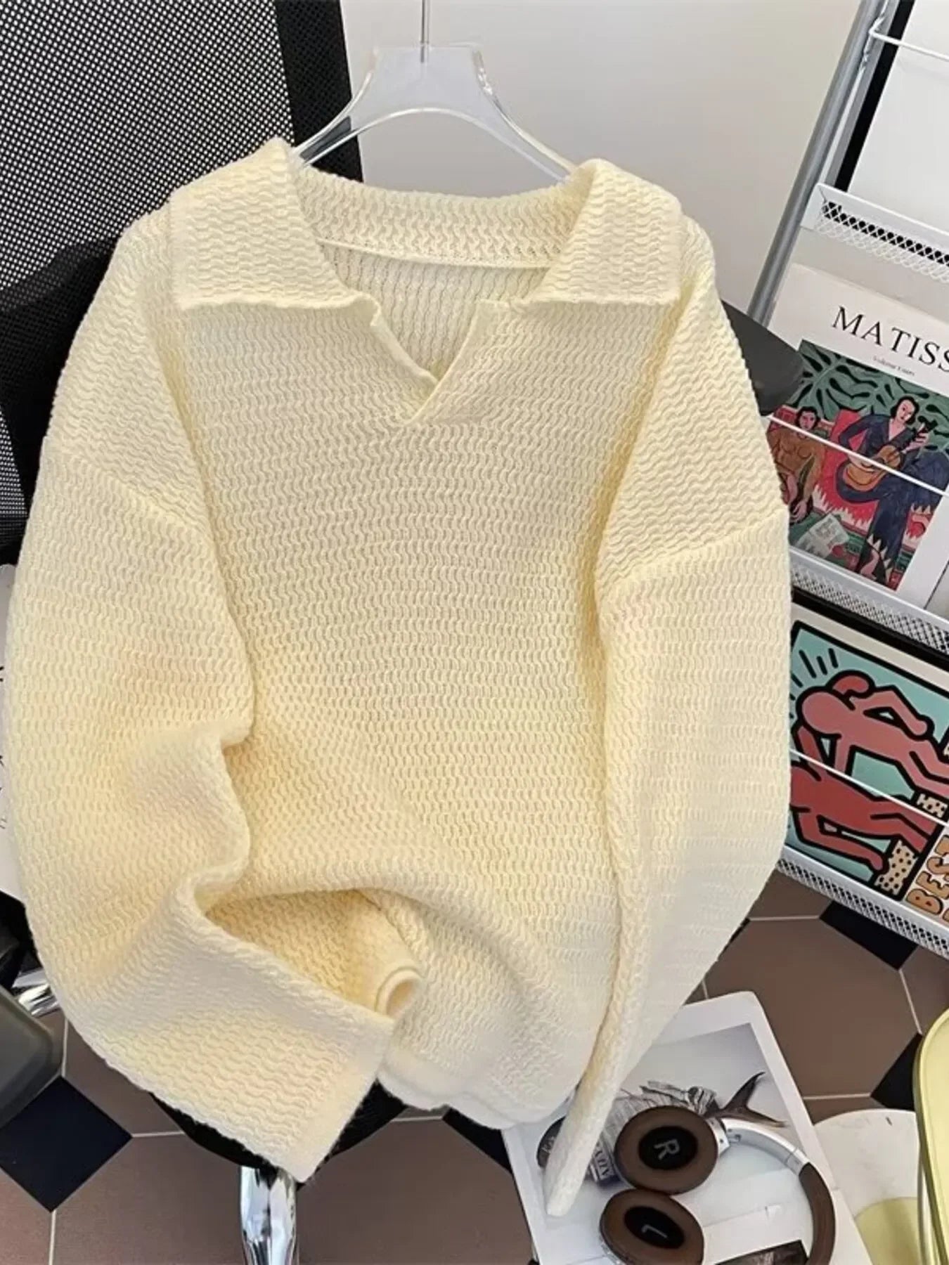 Textured Knit Polo Collar Stretch Sweater
