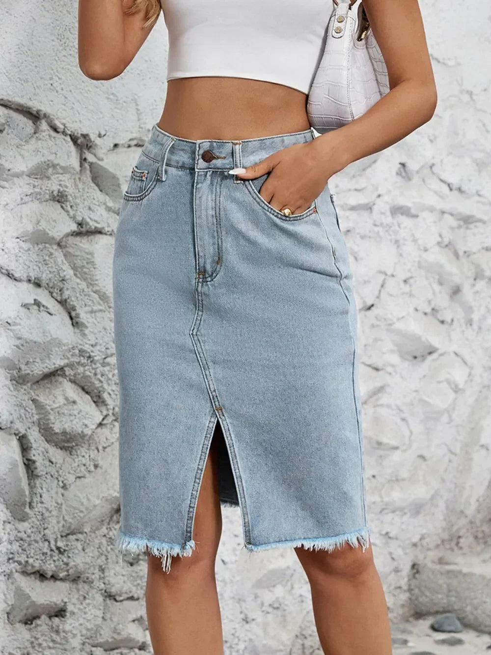 Stretchy Denim Slit Skirt With Raw Hem Detailing - Southern Shores Clothing