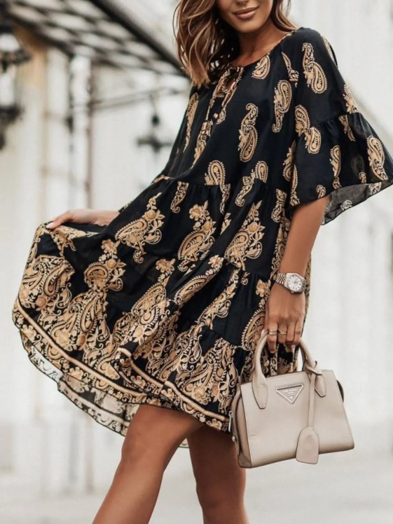 Paisley Print Tie Neck Half Sleeve Mini Dress Casual Everyday - Southern Shores Clothing