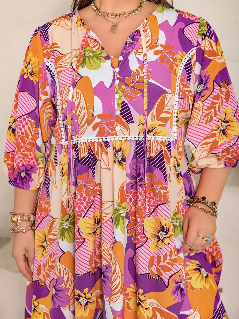 Printed Tie Neck Maxi Dress With Button Front Slit Allover Floral - Southern Shores Clothing
