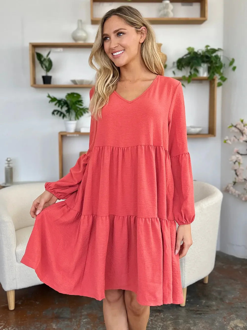 V Neck Balloon Sleeve Tiered Dress With Pockets - Southern Shores Clothing