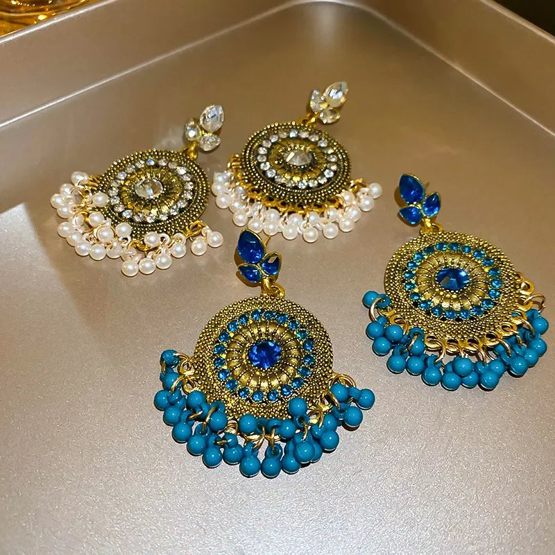 Rhinestone Alloy Bead Dangle Earrings With Pearl Drops Design - Southern Shores Clothing