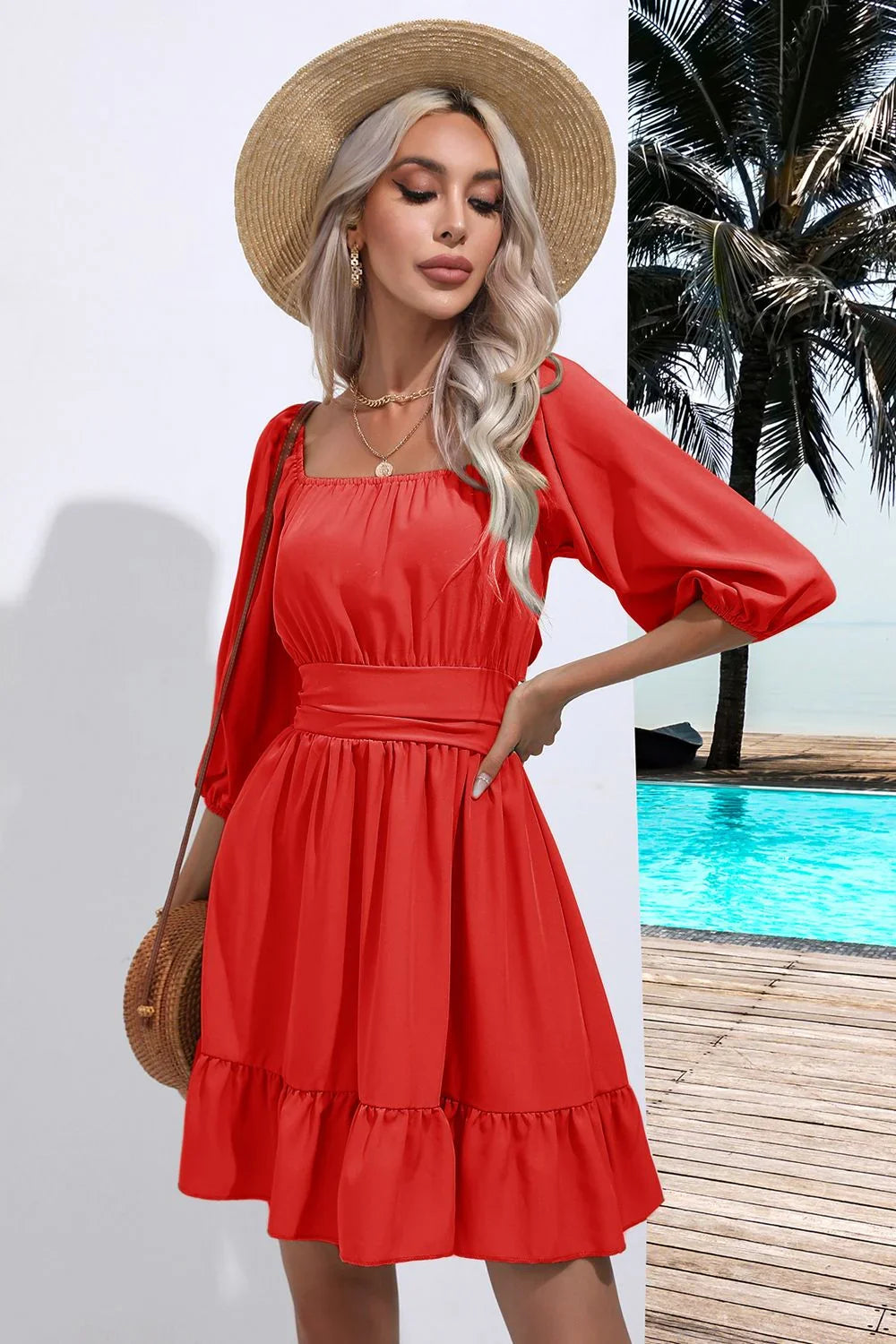 Square Neck Tie Back Ruffle Hem Dress Coastal Casual - Southern Shores Clothing