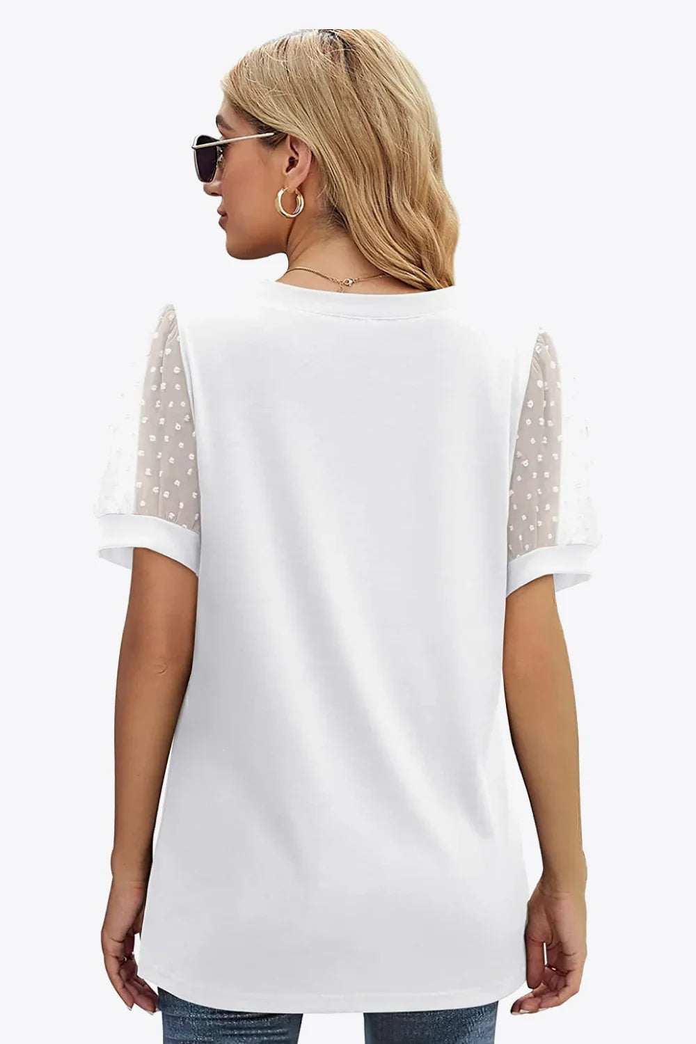 Swiss Dot Puff Sleeve V-Neck Tee With Dot Detailing - Southern Shores Clothing