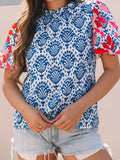 Printed Puff Sleeve Frilled Neck Blouse Top - Southern Shores Clothing