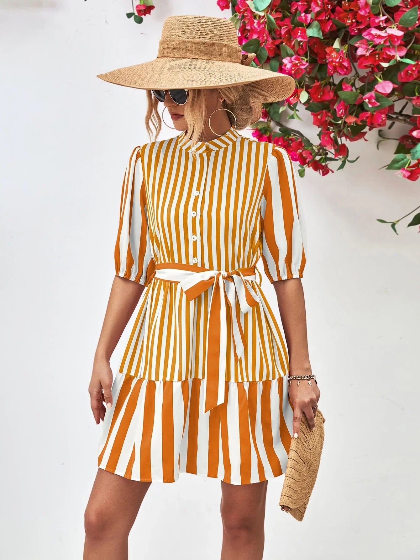Striped Half Sleeve Tie Waist Mini Dress - Southern Shores Clothing