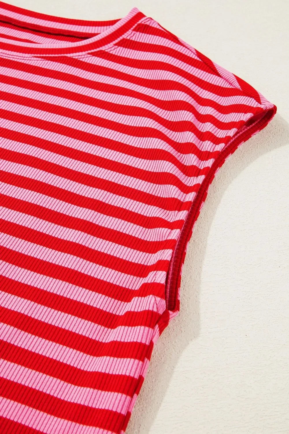 Stripe Ribbed Cap Sleeve Round Neck T Shirt - Southern Shores Clothing
