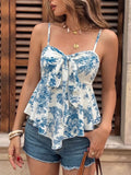Floral Print Tie Front Cami With Ruffle Hem Silhouette Top - Southern Shores Clothing