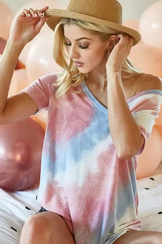 Tie Dye V Neck Top Relaxed Fit Cotton Shirt - Southern Shores Clothing