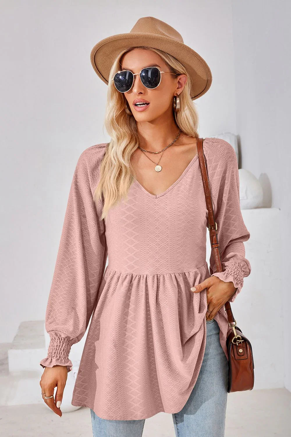 V-Neck Lantern Sleeve Blouse With Regular Length Casual Fit - Southern Shores Clothing