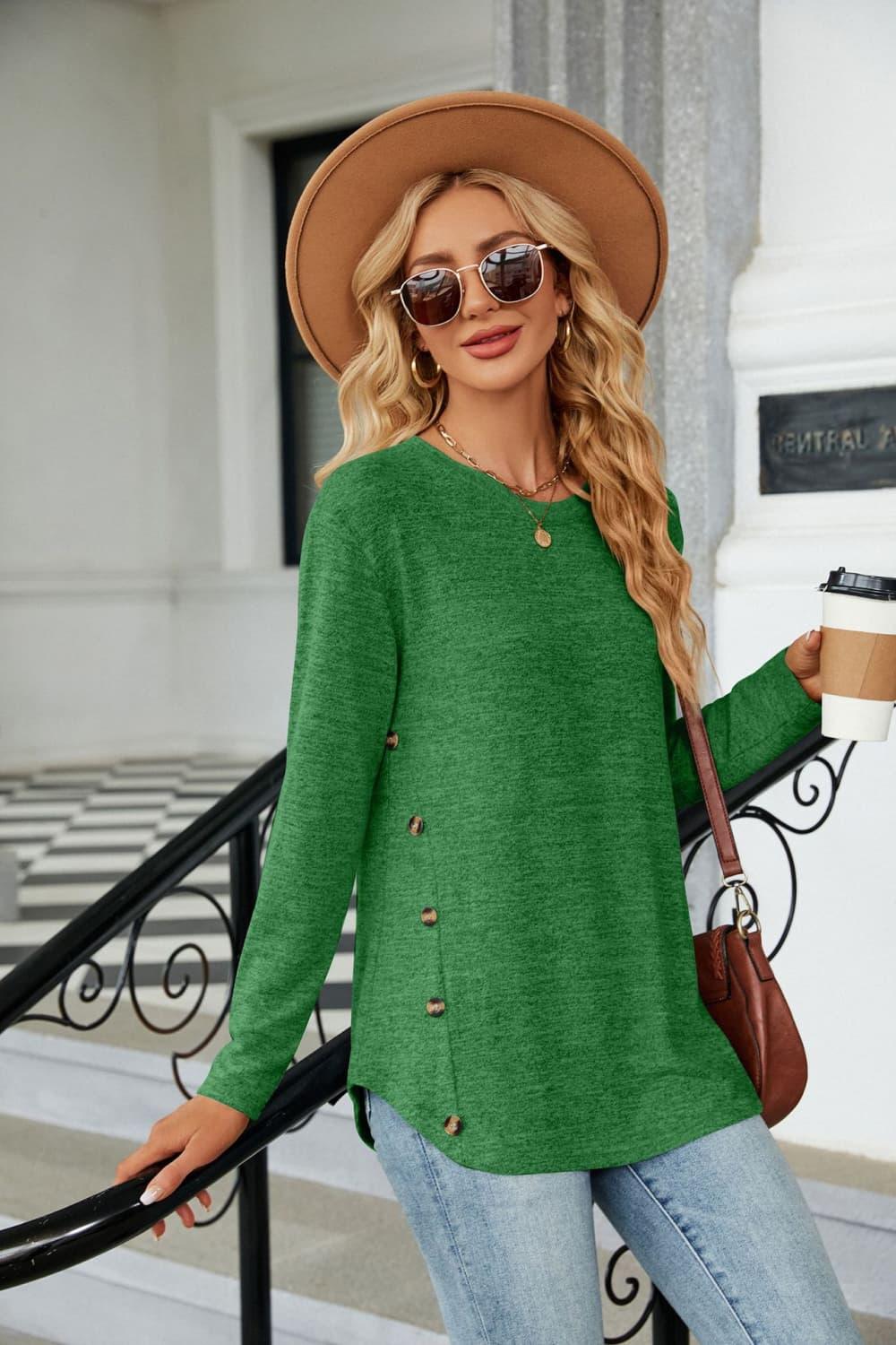 Round Neck Long Sleeve T Shirt With Button Detail - Southern Shores Clothing