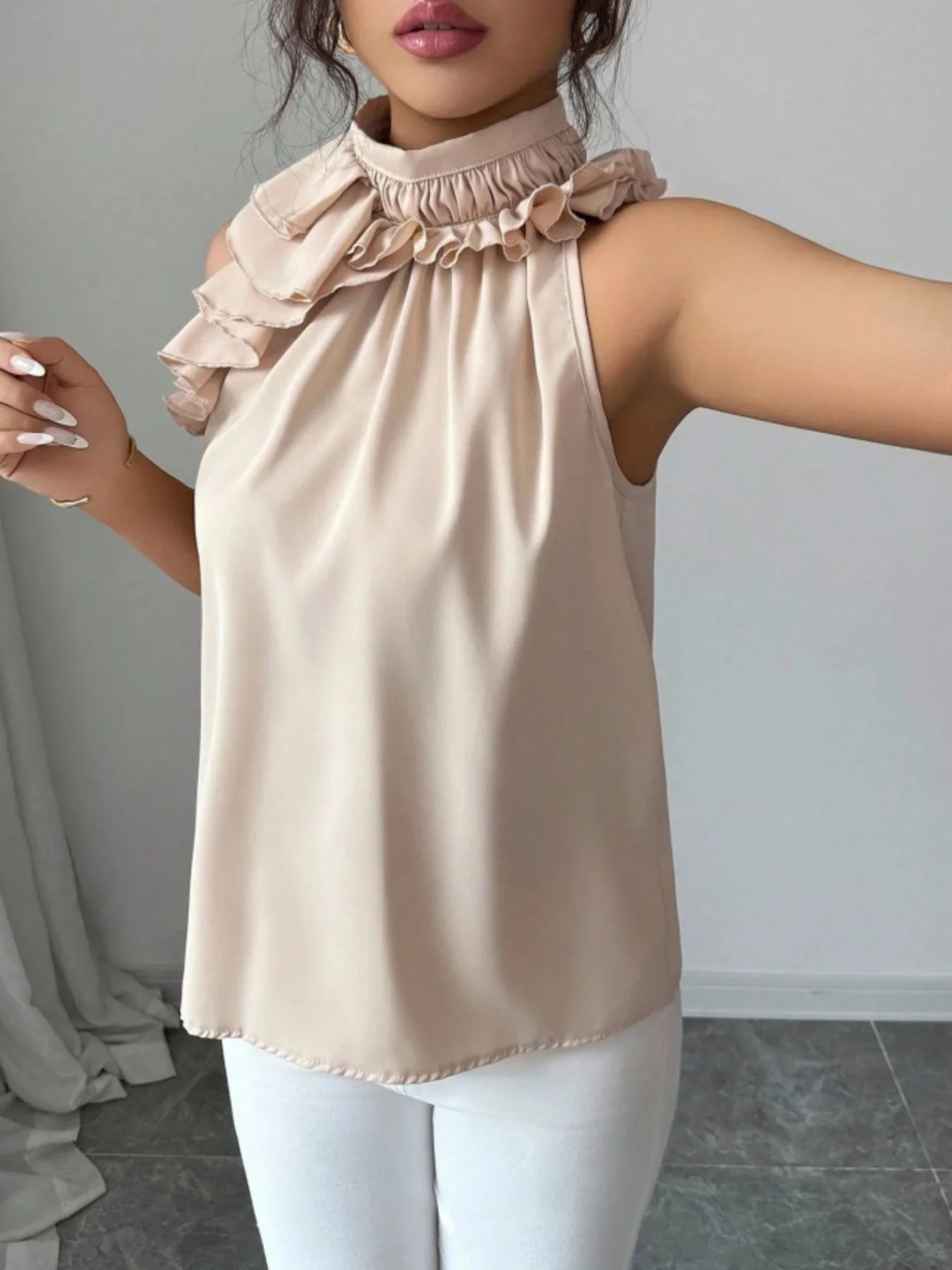 Ruffled High Neck Sleeveless Top With Draped Silhouette Detail - Southern Shores Clothing