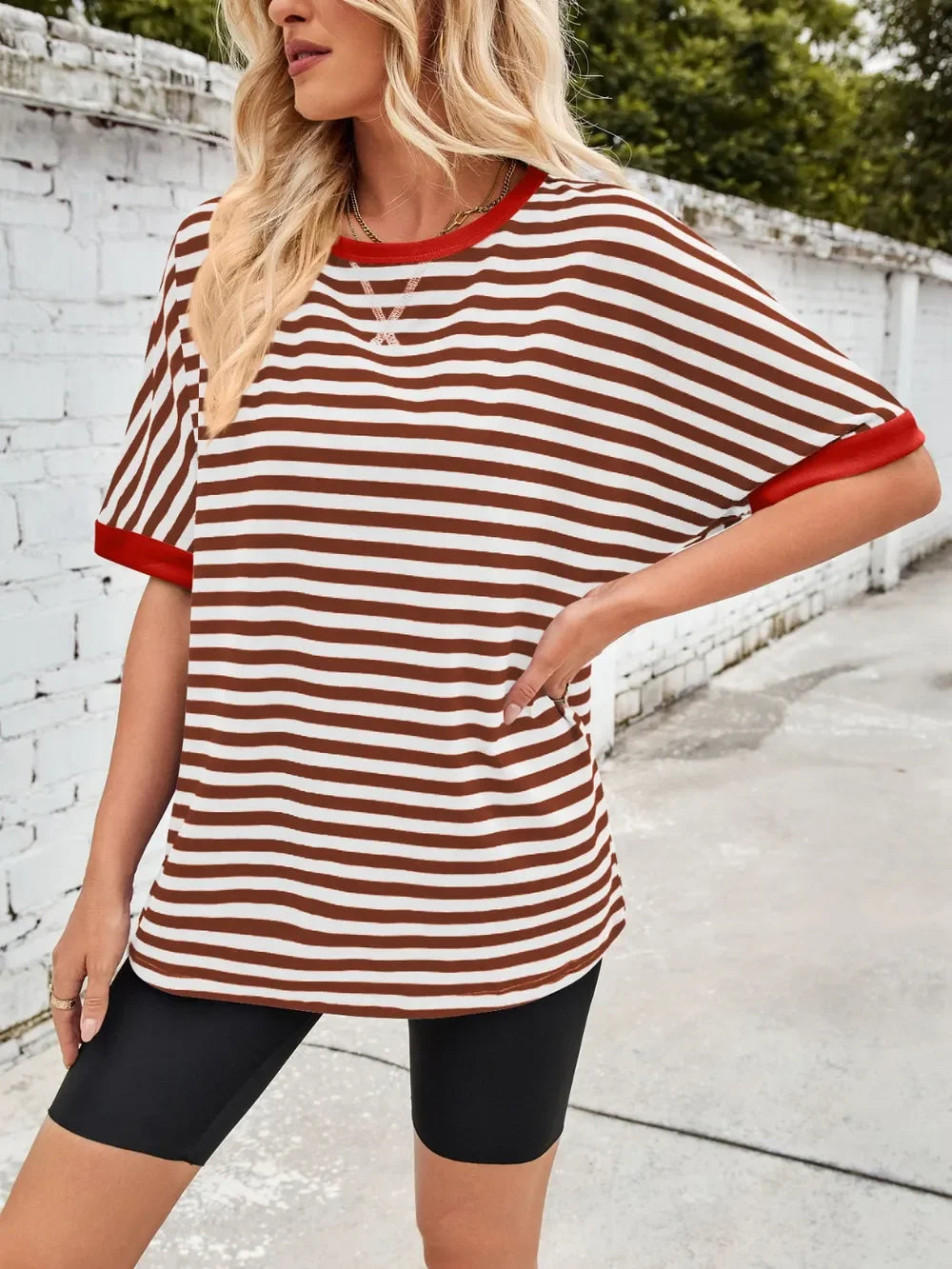 Lovelet Striped Round Neck Half Sleeve T-Shirt - Southern Shores Clothing