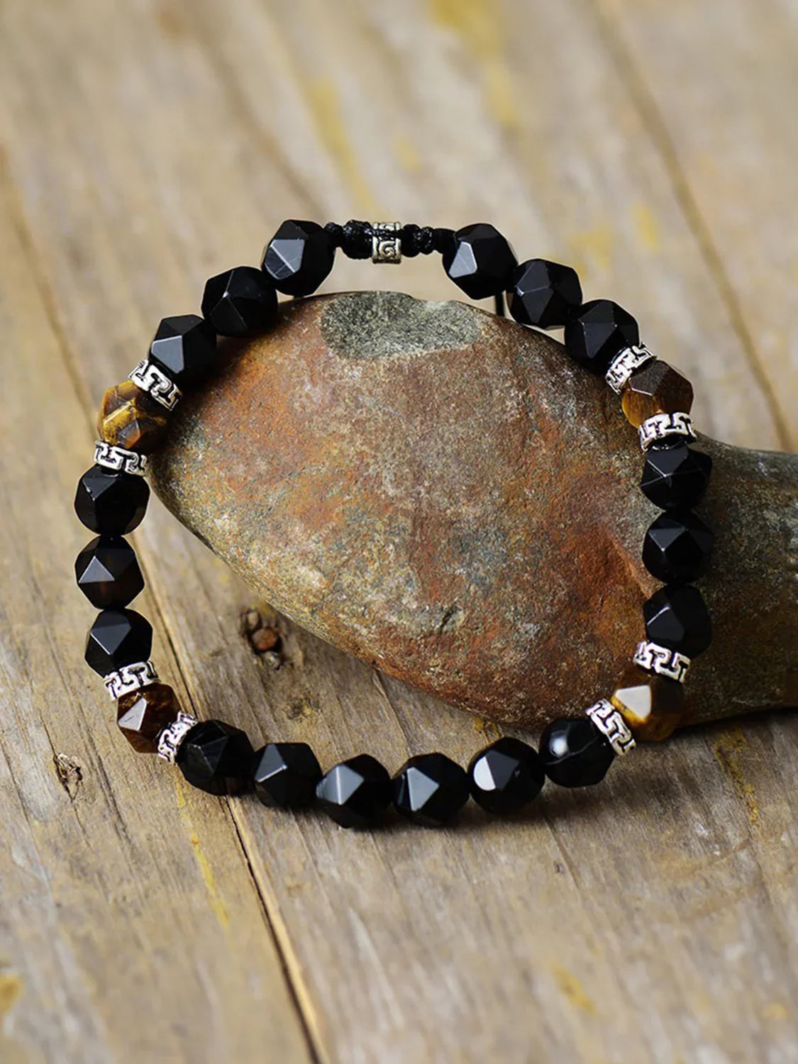 Natural Stone Agate Bracelet With Silver Greek Key Motif - Southern Shores Clothing