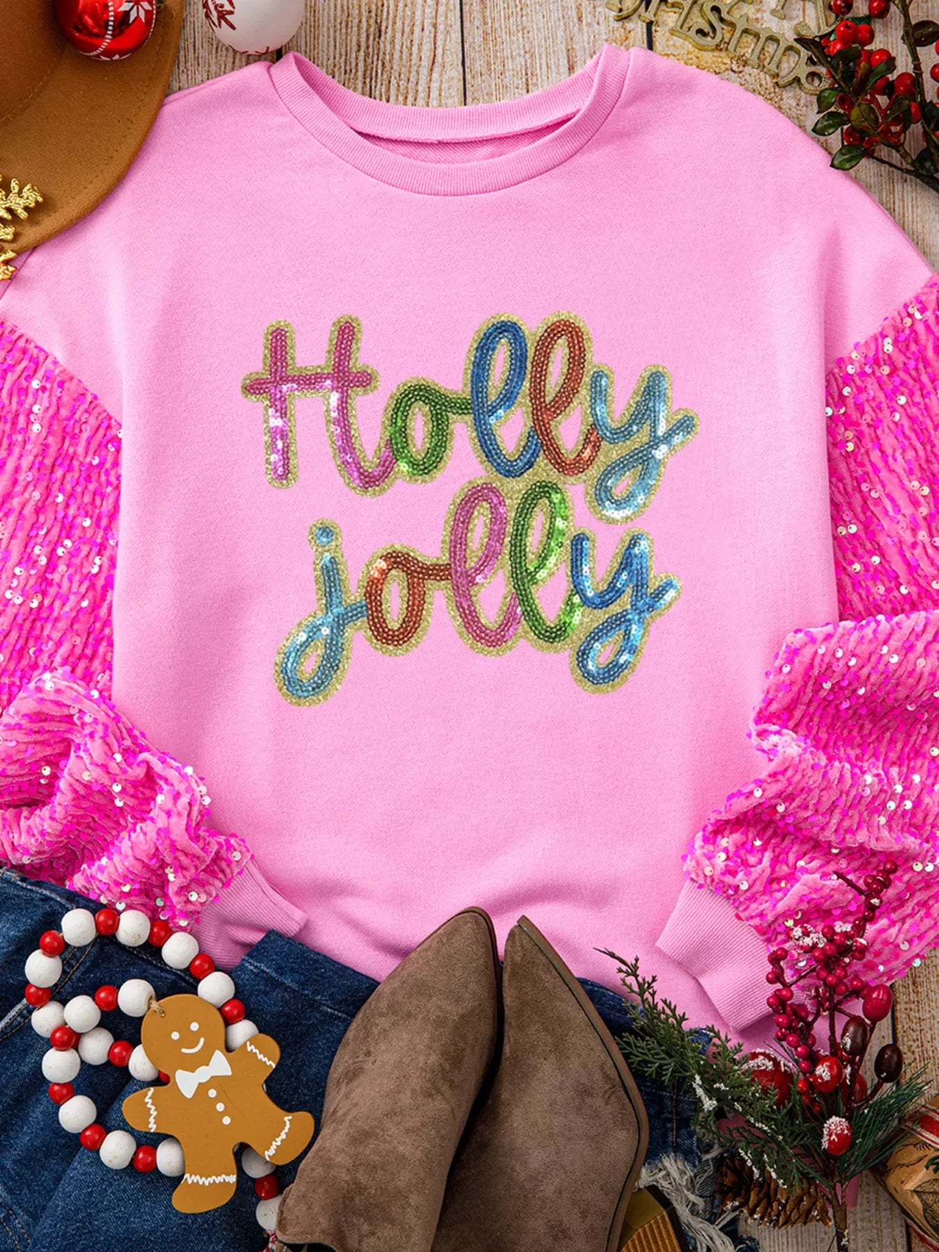 Holly Jolly Sequin Letter Drop Shoulder Long Sleeve Top - Southern Shores Clothing