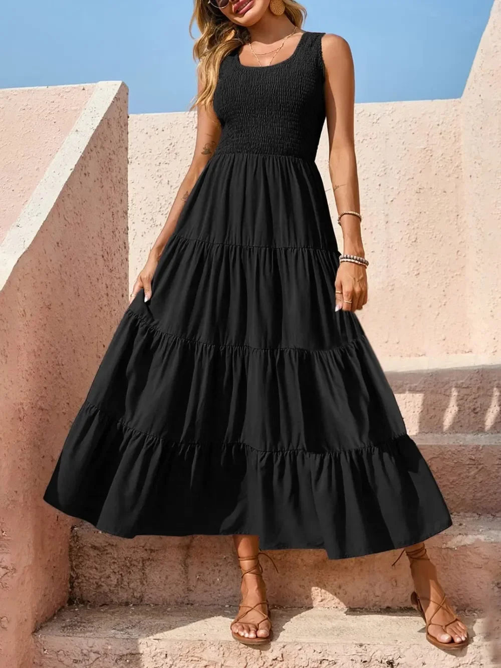Tiered Smocked Wide Strap Maxi Beach Dress - Southern Shores Clothing