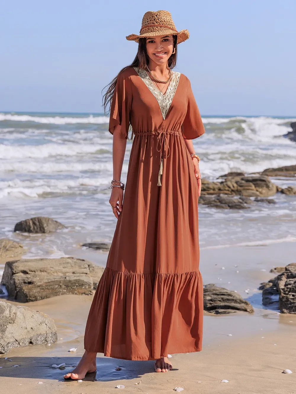 Ruffled Tassel V-Neck Flutter Sleeve Dress With Lace Trim - Southern Shores Clothing