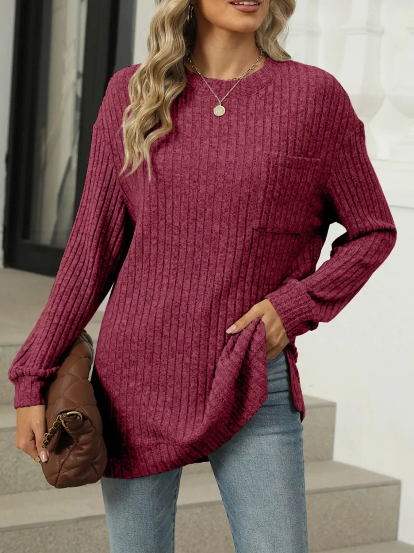 Ribbed Knit Round Neck Sweater - Southern Shores Clothing