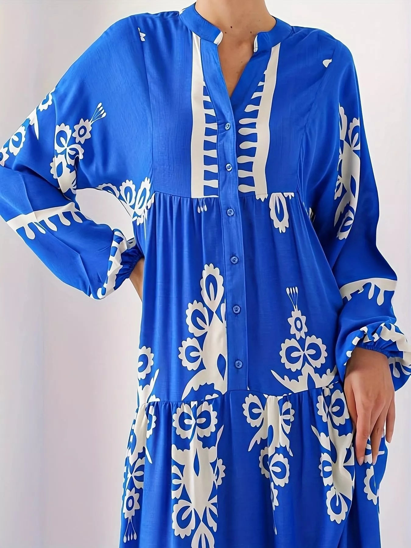 Buttoned Long Sleeve Bohemian Print Maxi Dress