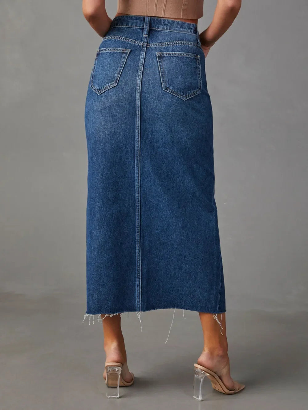 Slit Raw Hem Midi Denim Skirt With Pockets - Southern Shores Clothing