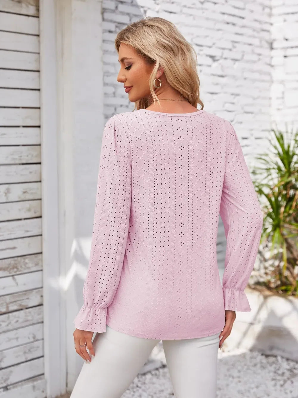 Applique V-Neck Flounce Sleeve Polyester T-Shirt - Southern Shores Clothing