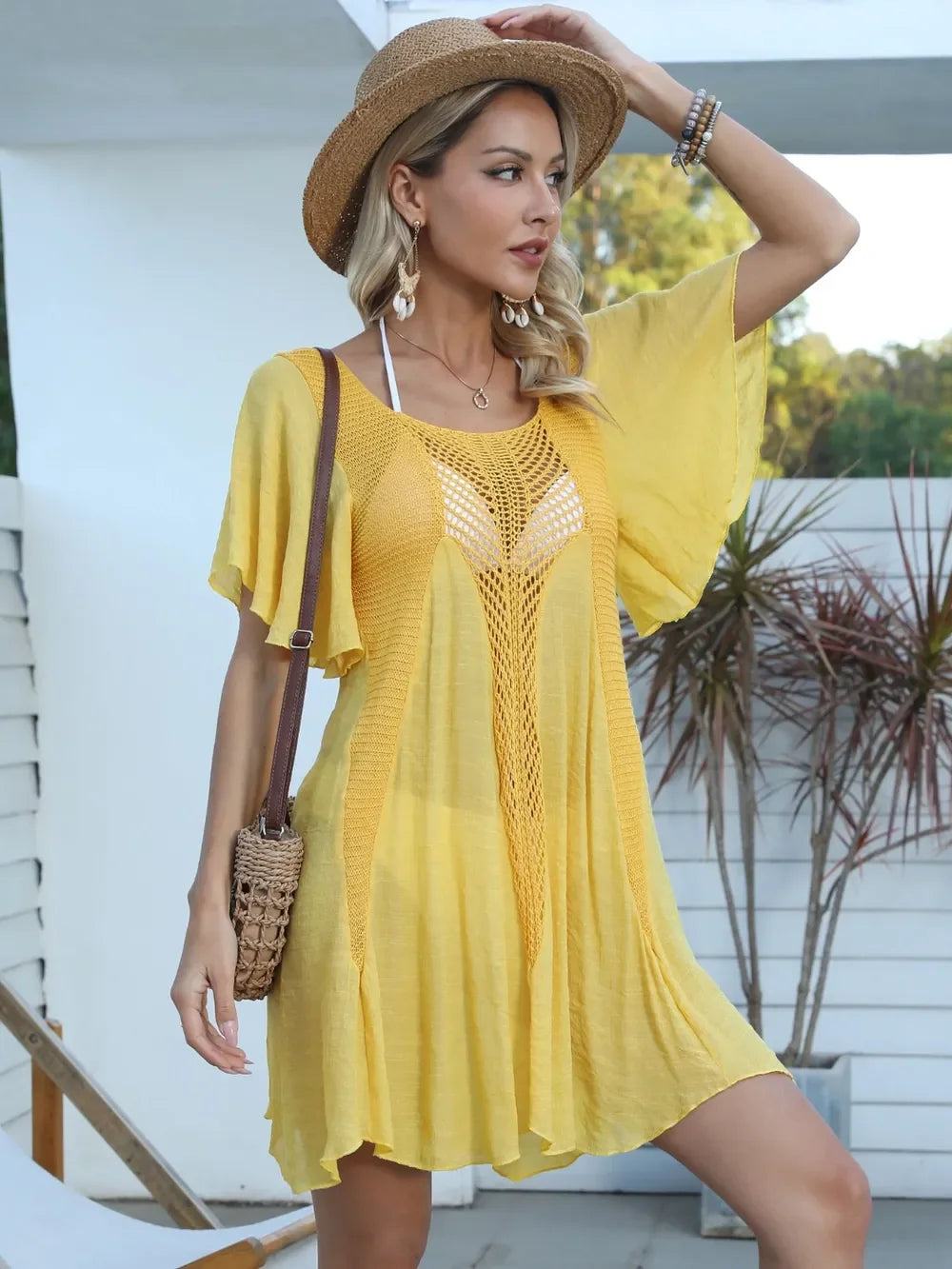 Openwork Flutter Sleeve Swim Cover Up Dress One Size - Southern Shores Clothing