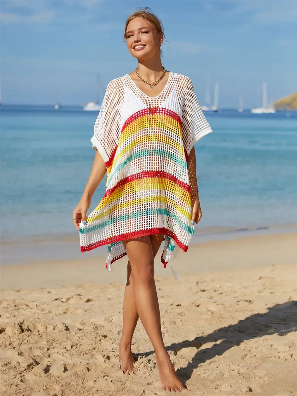 Angel Wings Striped Cutout Cover Up One Size Tassel - Southern Shores Clothing